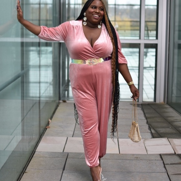 ELOQUII Like Pink Velvet Balloon Sleeves V-Neck Tie Waist Jumpsuit NWT 22-24 - Picture 5 of 16